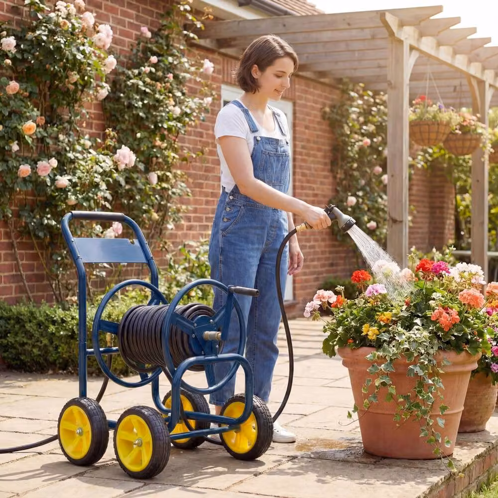 Costway 4-Wheel Garden Hose Reel Cart, Powder-Coated Metal Water Hose Organiser in Blue – 9
