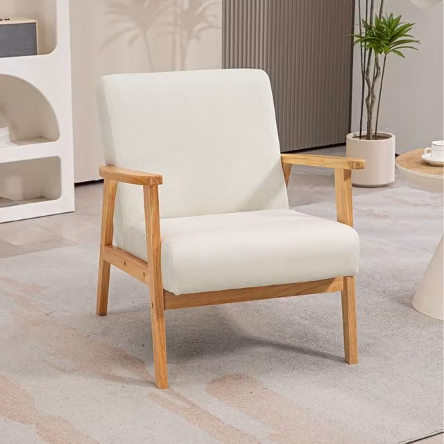 HOMCOM Retro Fabric Armchair with Rubberwood Legs in Beige