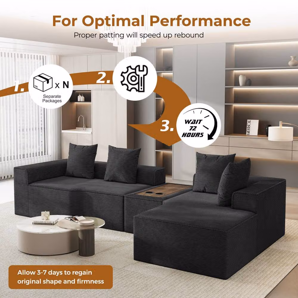 Dprodo Black Corduroy Right L-Shaped Modular Sofa with Cup Holder Table and Scatter Cushions, Width: 320 cm – 3