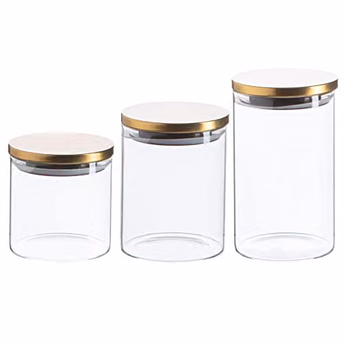 Argon Tableware Scandi Glass Storage Jar Set with Gold Metal Screw Lids and Silicone Seals, Transparent