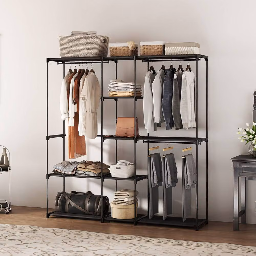 STILVORA Modern Black Open Wardrobe with 8 Internal Shelves and Hanging Rod – 1