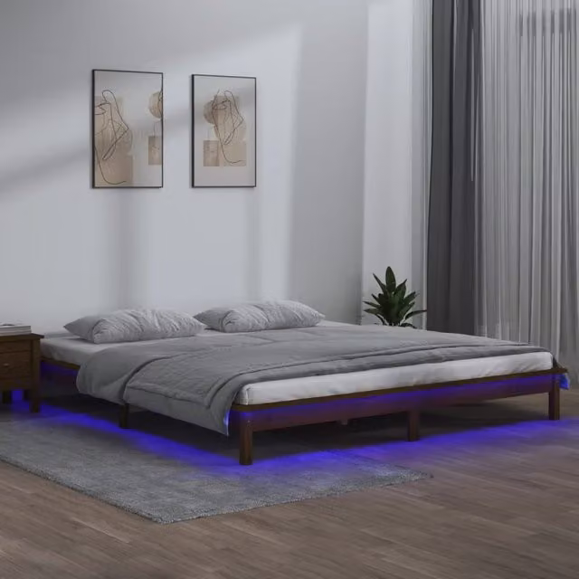 Berkfield Home Solid Wood LED Bed Frame in Brown with Under-Bed Lighting and USB Charging Port, W/D/H: 140 x 190 cm