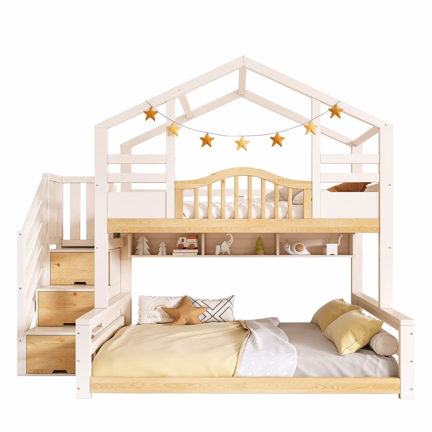 Aosom UK House-Shaped Bunk Bed with Staircase Storage and Integrated Shelves, White and Natural, W/D/H: 140 x 244 x 206 cm – 2