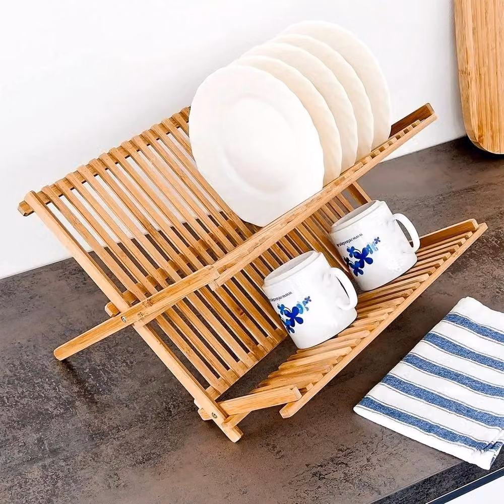 PAWNORA Foldable Bamboo Dish Drainer Plate Rack in Natural Brown and Beige, W: 42.0 cm, D: 24.5 cm – 2