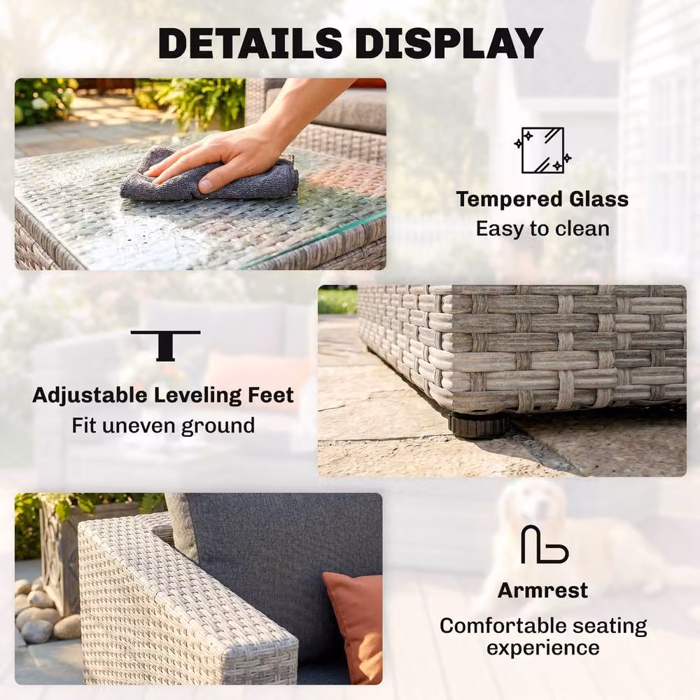 OUTSUNNY 3 Piece Grey PE Rattan Outdoor Sofa Set with Cushions and Tempered Glass Table – 5
