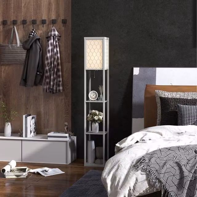 HOMCOM Modern 4 Tier Floor Lamp with Shelves in Grey
