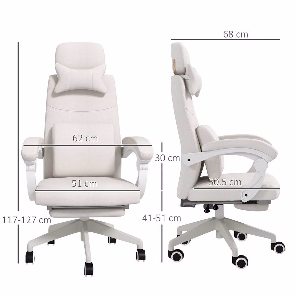 STILVORA White Fabric Office Chair with Reclining Back, Headrest, and Footrest, W/D/H: 62 x 120 x 127 cm – 3