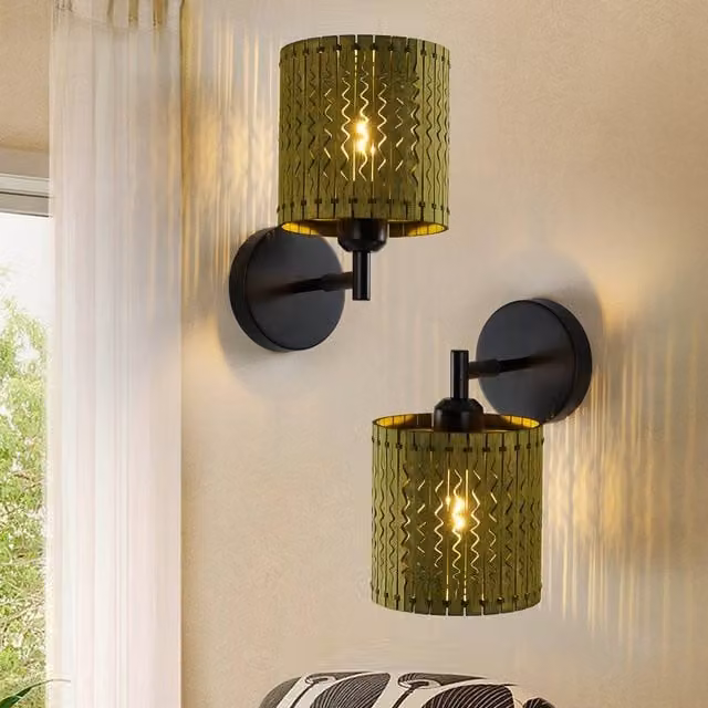 Garwarm Set of 2 Light Boho Farmhouse Wooden Armed Wall Sconces in Green