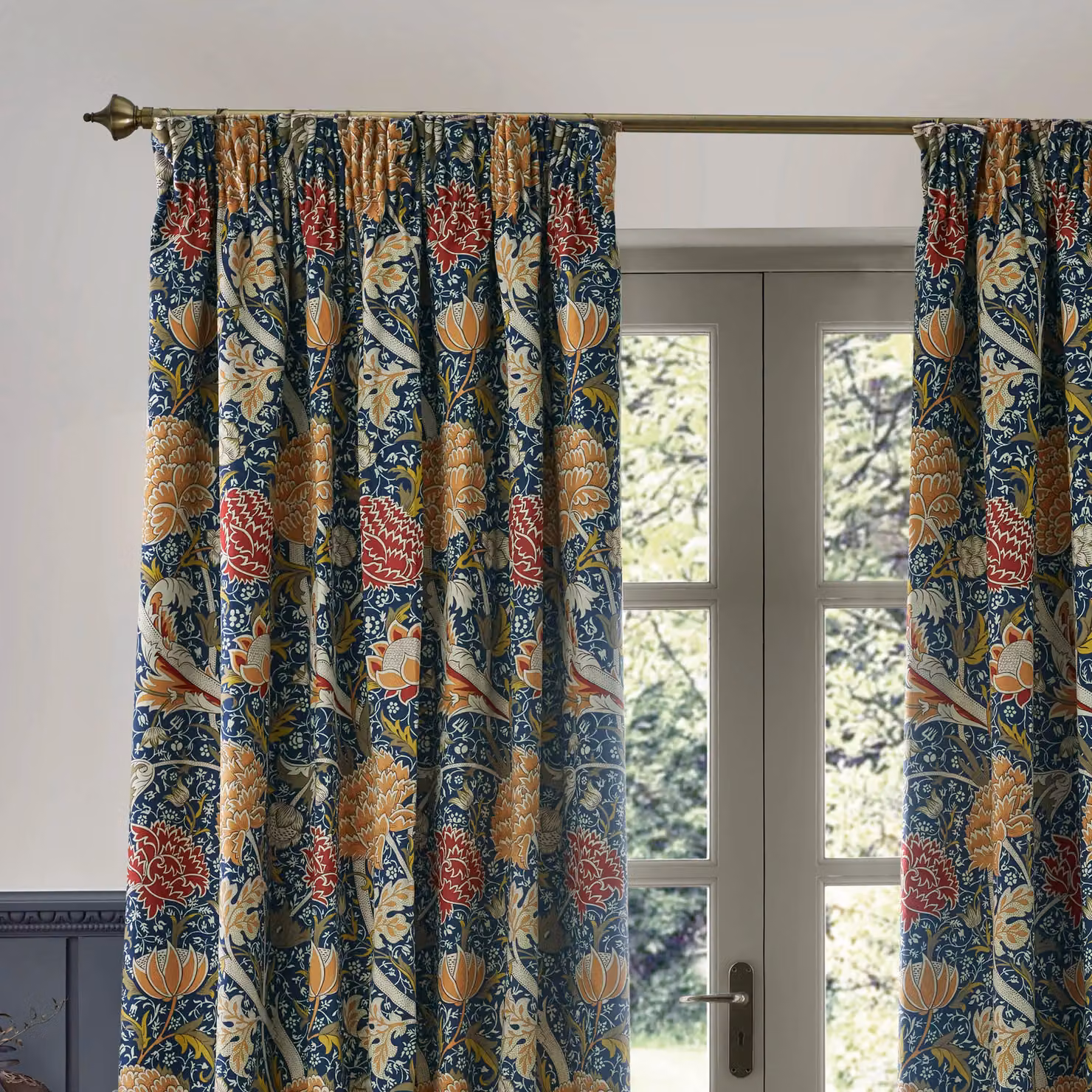 Morris & Co. Cray Floral Velvet Pencil Pleat Room Darkening Curtains in Indigo Blue, Width: 229 cm, Drop: 183 cm – 3