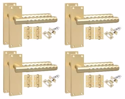 Golden Grace Knurled Diamond Long Backplate Door Handle Set in Satin Brass, 4 Pack