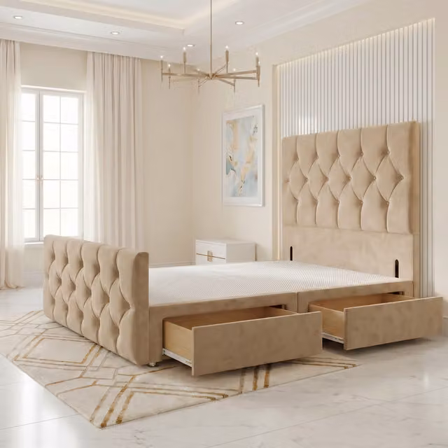 Somnior Beds Ltd Chesterfield Velvet Divan Bed Base with Drawers and Upholstered Headboard in Beige
