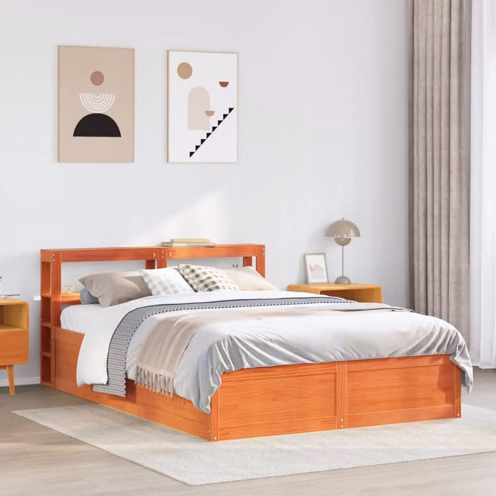 Berkfield Home Solid Wood Pine Bed Frame with Headboard and Side Compartments, Wax Brown, W/D/H: 160 x 200 cm – 3