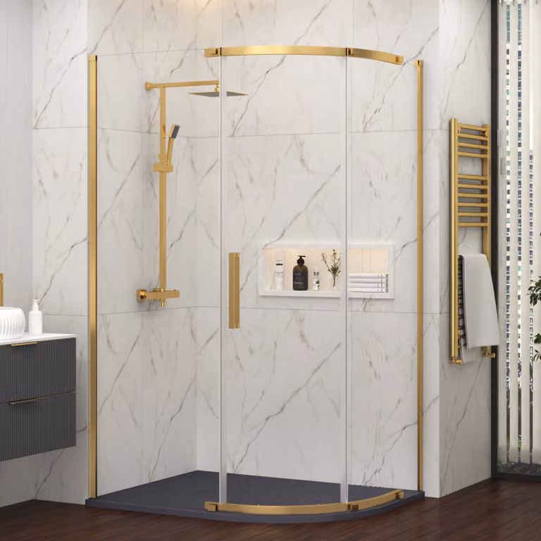 Royal Bathrooms Chelsea Single Door Offset Quadrant Shower Enclosure with Grey Stone Tray and Brushed Brass Finish, W: 120 cm, D: 80 cm, H: 195 cm