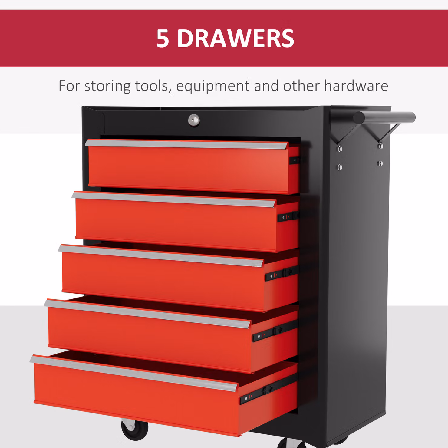 HOMCOM 5-Drawer Steel Tool Chest with Wheels and Lockable Storage Cabinet in Red – 4