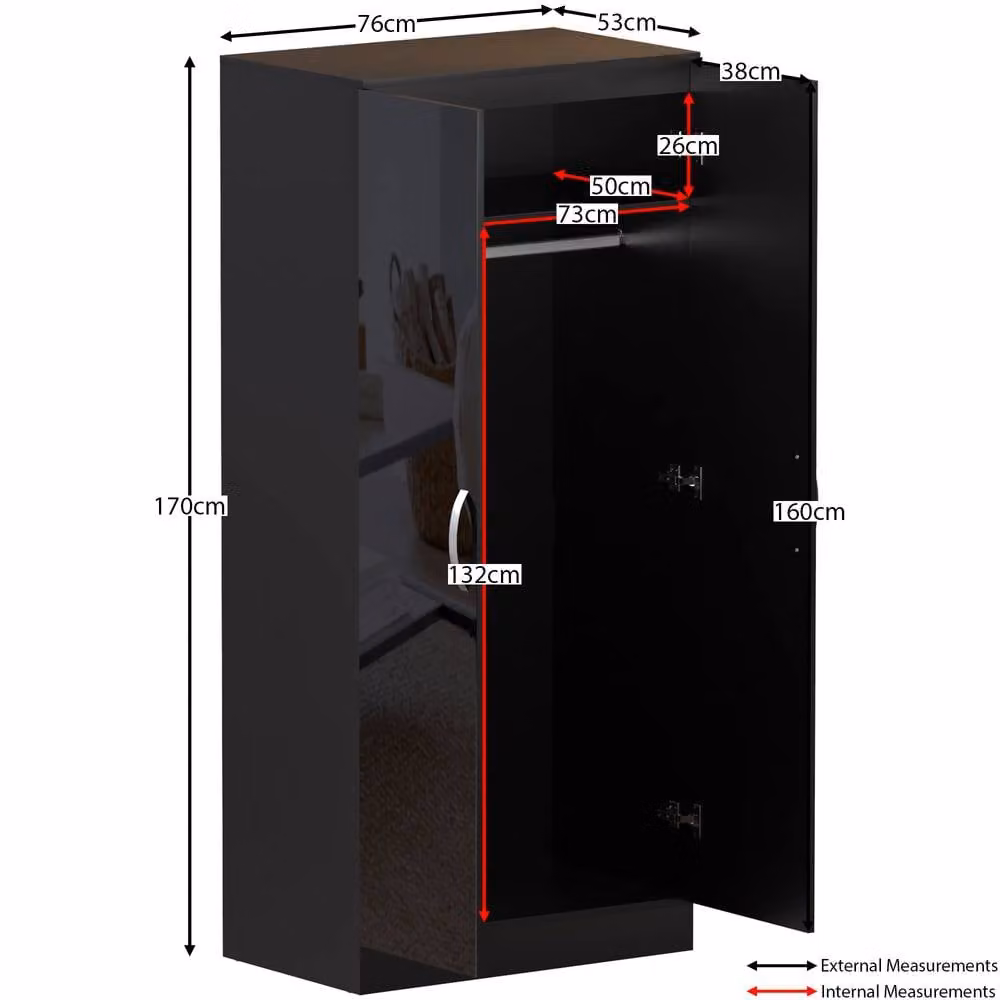 HD Designs Hulio 2 Door Wardrobe in Black MDF, H 170 cm x W 76 cm x D 47 cm – 3