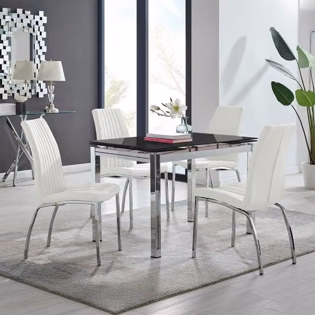 FurnitureboxUK Enna Black Glass Extending Dining Table and 4 White Isco Chairs