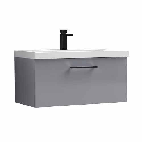 Balterley Wall Hung Single Drawer Vanity Unit with Basin and Black D Shape Handle, Grey, W: 81.0 cm, D: 39.0 cm, H: 39.9 cm