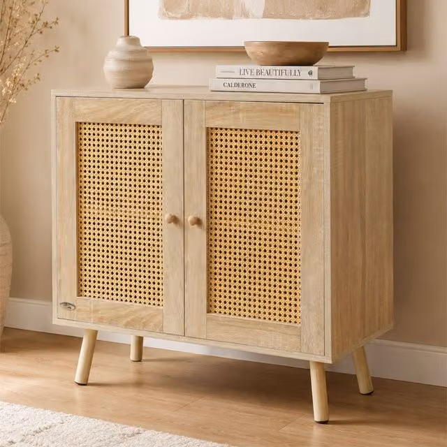 Abrihome Mid-Century Rattan and Wood Sideboard Cabinet in Brown and Beige, Width: 85 cm