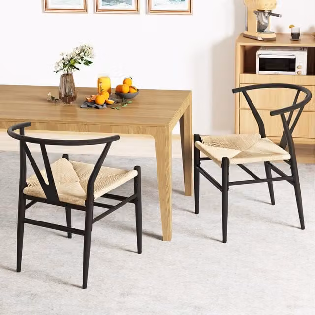 Costway Set of 2 Mid-Century Dining Chairs in Black and Brown with Fabric and Wood Finish