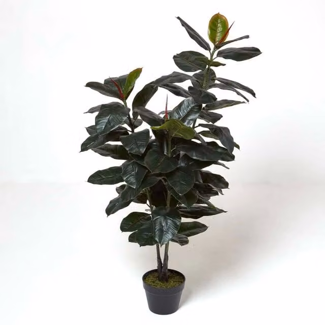 Homescapes Artificial Ficus Rubber Plant in a Black Pot, Height: 130 cm, Green