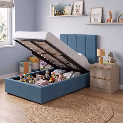 FWStyle Hoscar Single Ottoman Storage Bed in Dolphin Blue, Upholstered with Lift-Up Base, W: 113 cm, D: 109 cm, H: 209 cm – 2