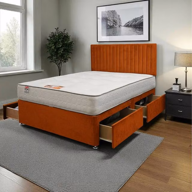 Knight Sleep Emily Plush Bed Set with Hybrid Mattress, 4 Drawers and Headboard, Orange/Grey, W/D/H: 140 x 200 cm