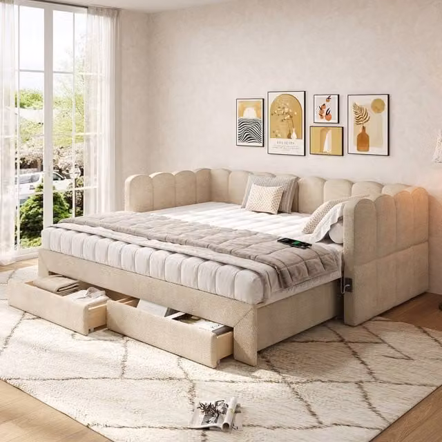 Matteo Daybed Sofa Bed in Beige Chenille with USB Charging Port and Storage Drawers, W/D/H: 90 x 190 cm – 1