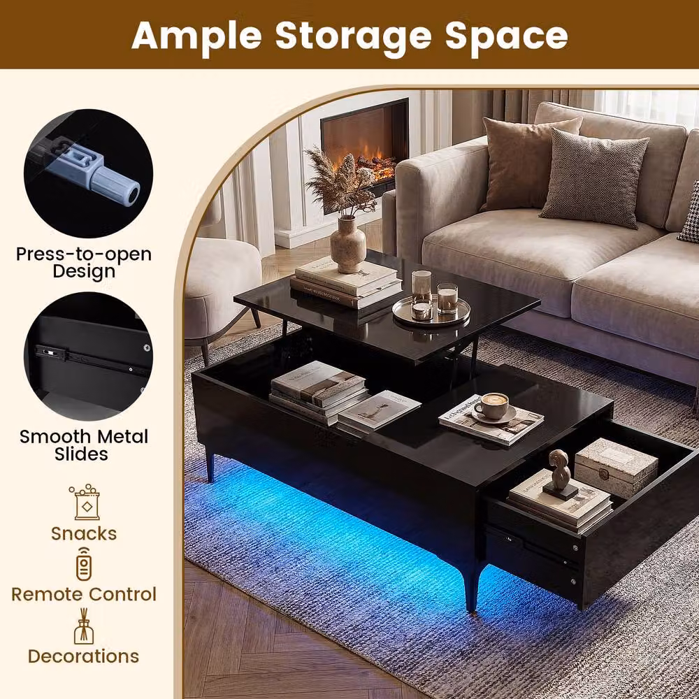 Costway Modern Lift Top Coffee Table and Sofa Side Table in Black High Gloss Finish – 5