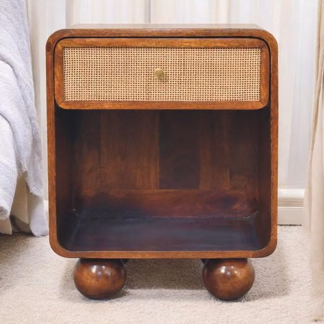 Artisan Furniture Rustic Chestnut and Mango Wood Open Woven Bedside Table in Brown