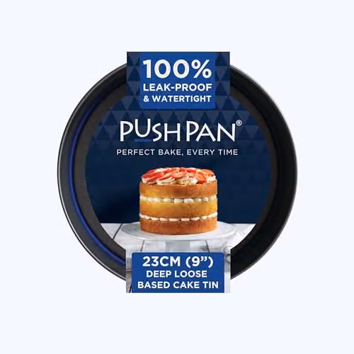PushPan Non-Stick Round Cake Tin with Patented Silicone Seal, Blue or Grey, Diameter: 23 cm