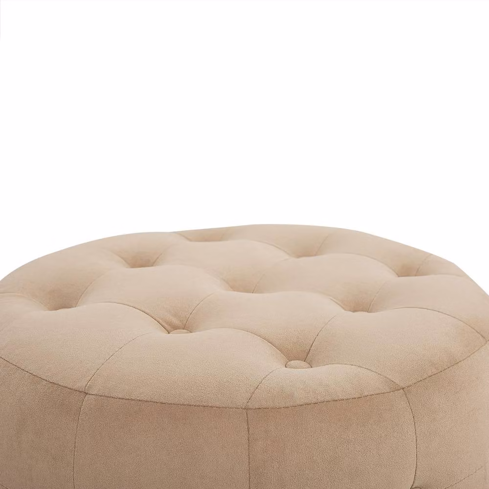 Wyld and Coco Beige Velvet Round Cylindrical Button Tufted Pouffe Footstool – 3