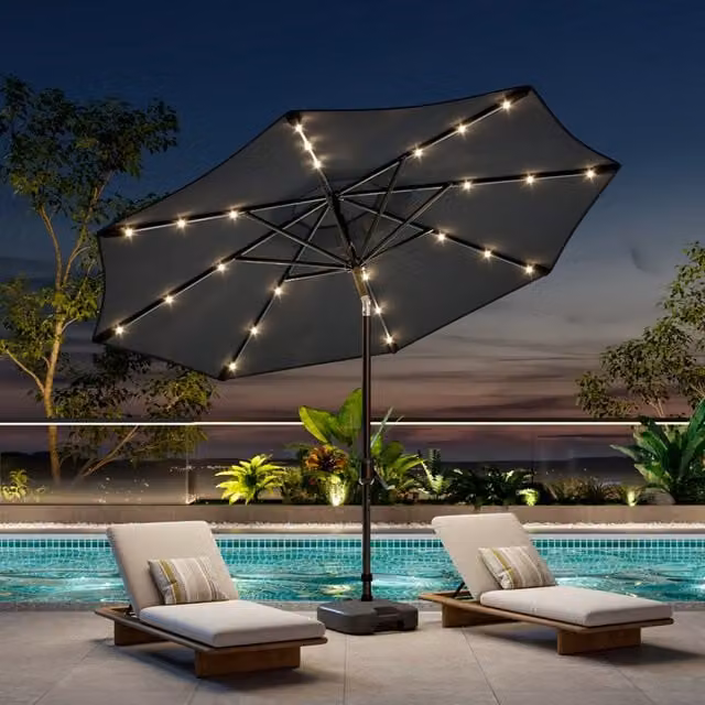 Breeins Parasol with 24 LED Lights, Crank Mechanism and Fillable Base in Anthracite Grey