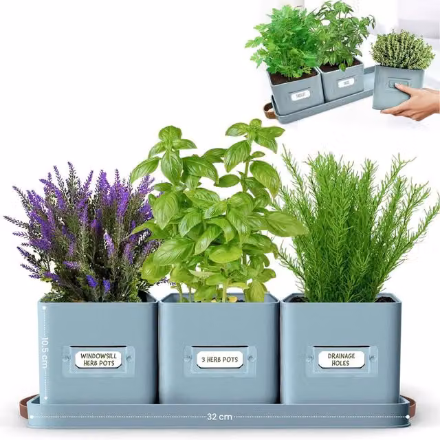 Green Thumbz Set of 3 Blue Steel Window Herb Pot Planters for Indoor and Outdoor Use
