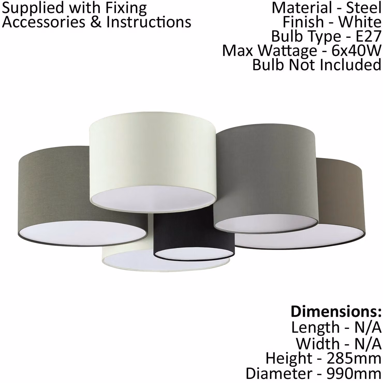 Loops 2 Pack Modern Fabric and Metal Cylinder Ceiling Lights in White, Black, Brown or Grey with 6x E27 Sockets – 2