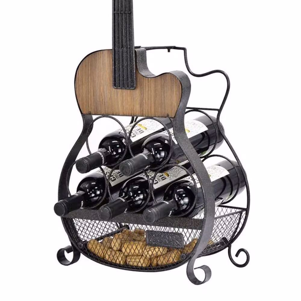 Minster Industrial Freestanding Guitar and Wine Rack in Black Metal and Wood, W34 x D18 x H82 cm – 2