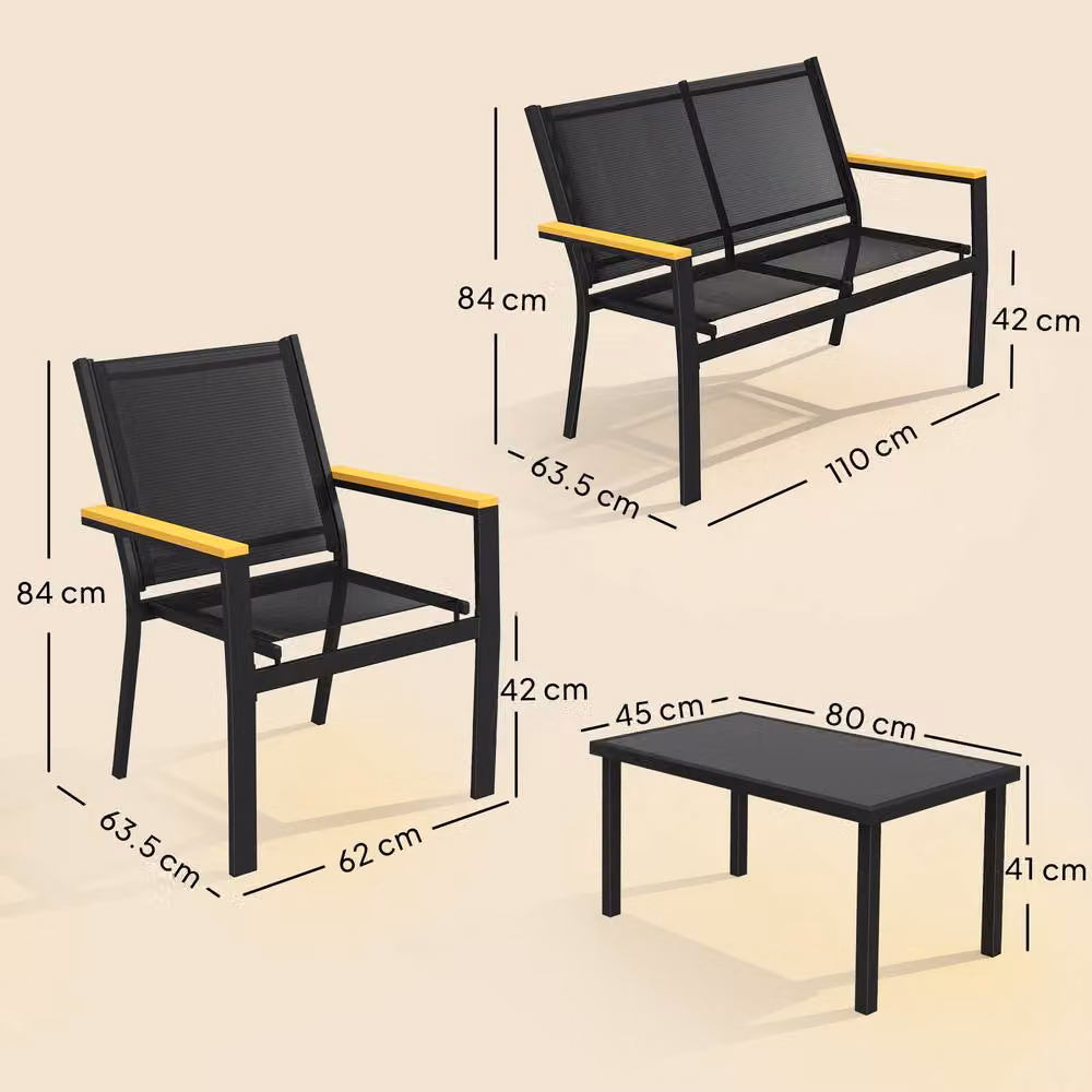 OUTSUNNY 4 Seater Outdoor Sofa with Tempered Glass Top and Cushions in Black – 3