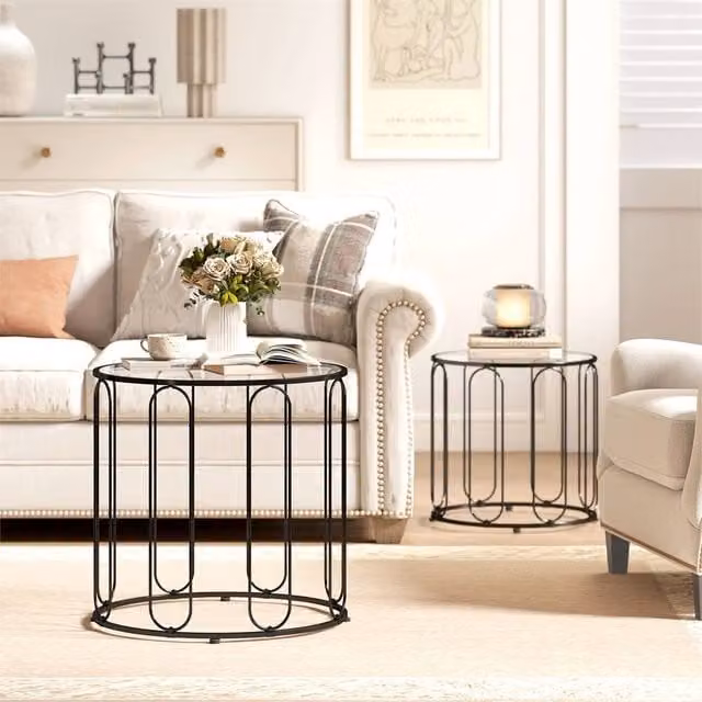 EONLION Set of 2 Black Round Glass Coffee Tables with Nested Tops and Sled Base, Diameter: 100 cm