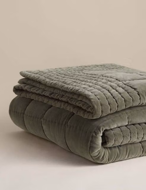 M&S Quilted Pure Cotton Velvet Bedspread in Khaki Green