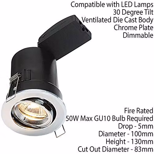 Loops Fire Rated Adjustable Tilting Recess Ceiling Downlight in Chrome with 50W GU10 Holder – 2