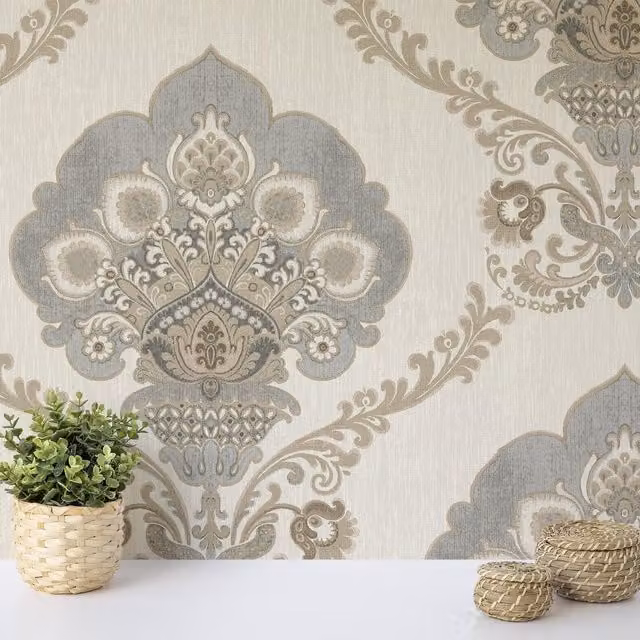 Wallquest Chatsworth Classic Damask Floral Abstract Wallpaper in Grey, White, Blue and Gold