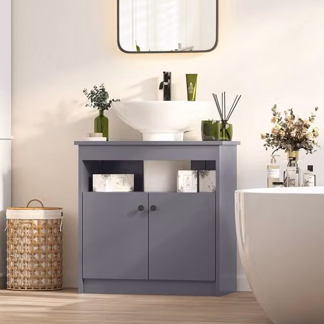 KEEPREAPER Mid-Century Grey Freestanding Under Sink Bathroom Cabinet with 2 Hinged Doors and Internal Shelves, Width: 60 cm