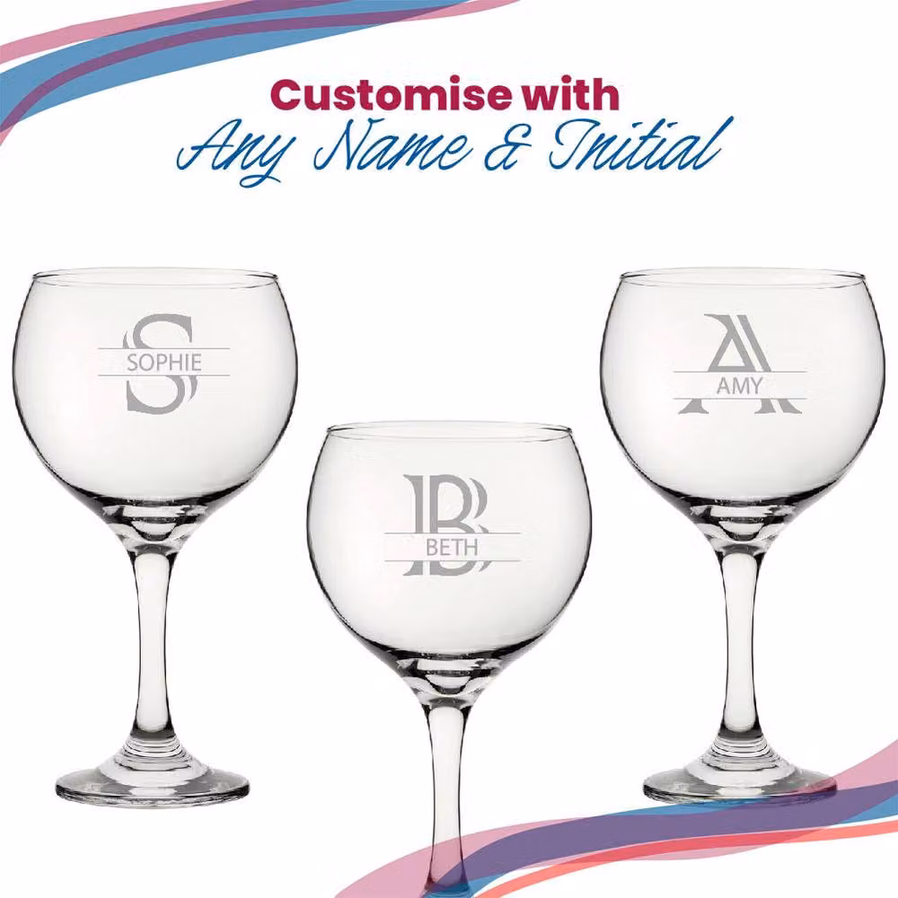 Uniqueful Personalised Engraved Cubata Gin Cocktail Glass with Initial and Name in Striped Font, Clear – 3