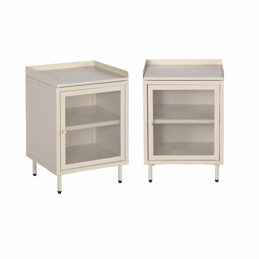 Sweekeek Industrial Metal Bedside Table with 1 Door, Set of 2, Cream – 2