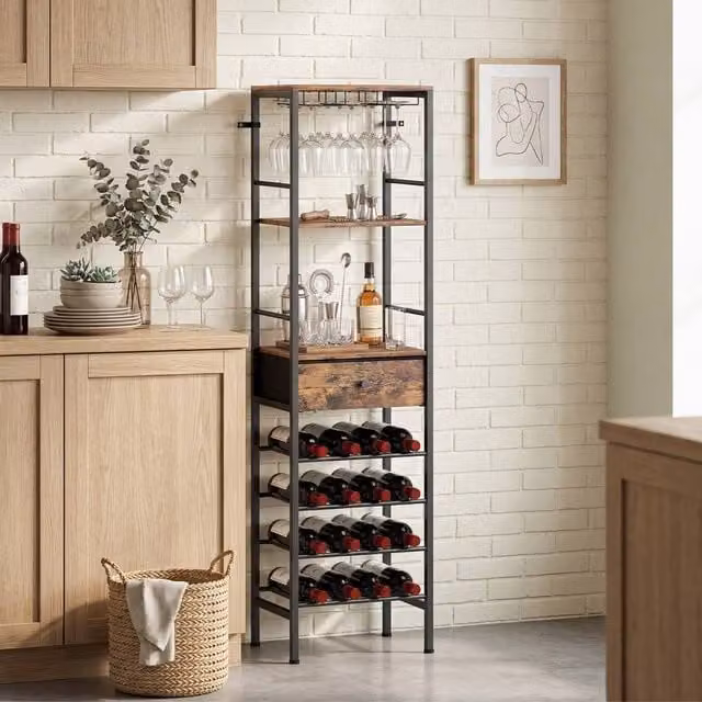 HOMCOM Industrial Wine Bar Cabinet in Rustic Brown with 16-Bottle Rack and Glass Holder