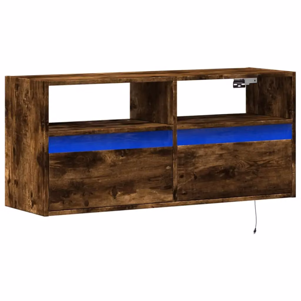 Berkfield Home TV Wall Cabinet with LED Lights in Smoked Oak Brown, W/D/H: 100 x 31 x 45 cm – 3