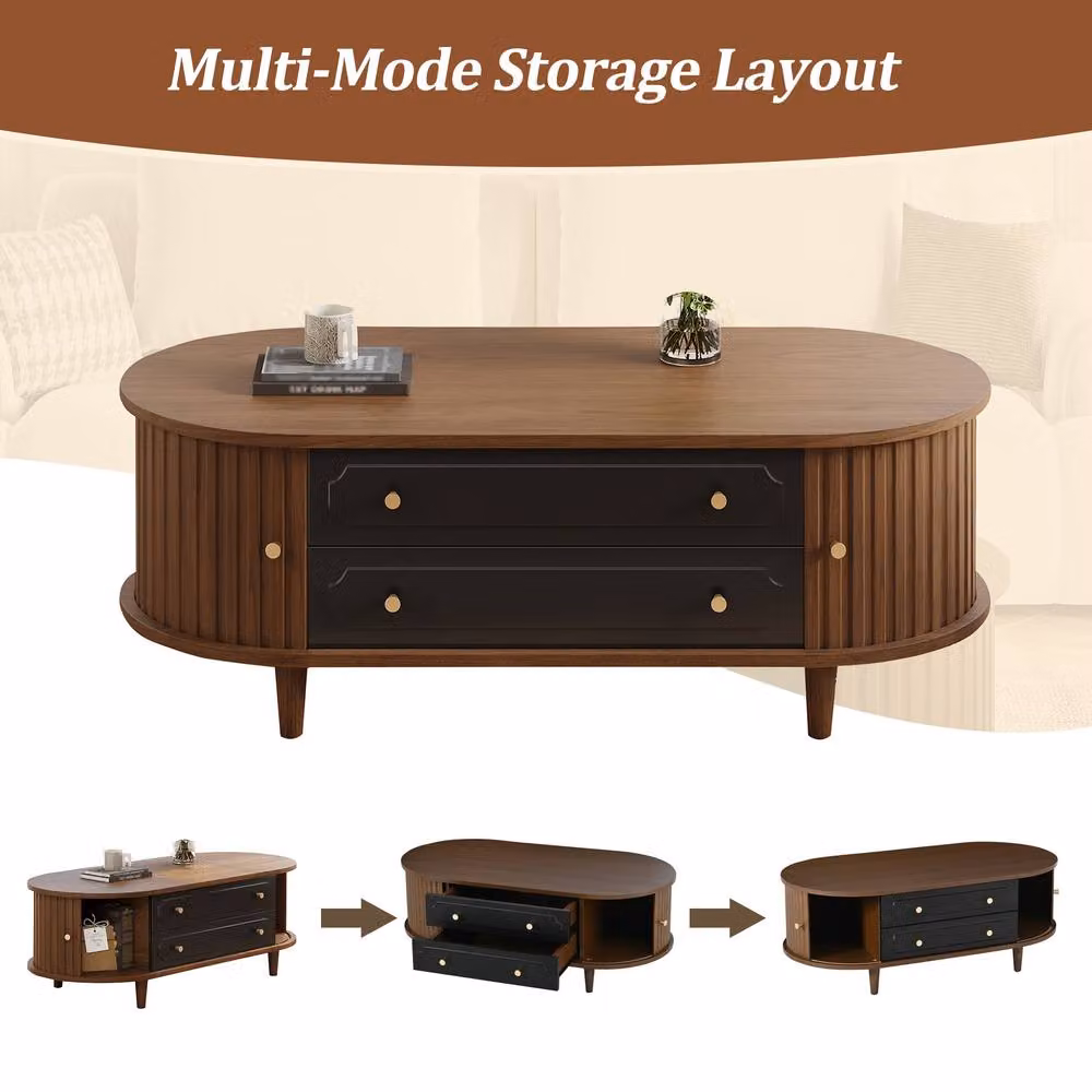 Rolipo Retro Walnut Coffee Table with Drawers and Roll-Up Door in Brown and Black – 6