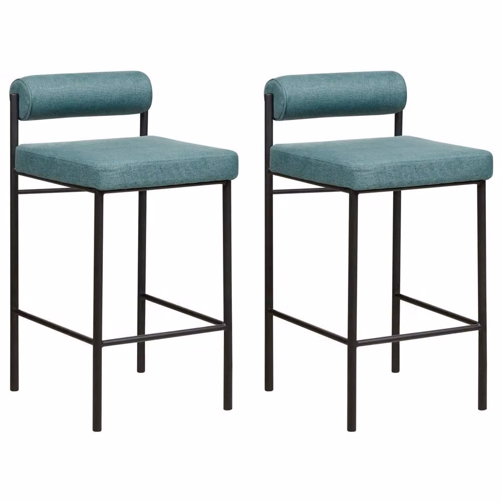 Wyld and Coco Set of 2 Teal Petrol Green Bar Stools with Roll Backrest and Metal Legs – 2