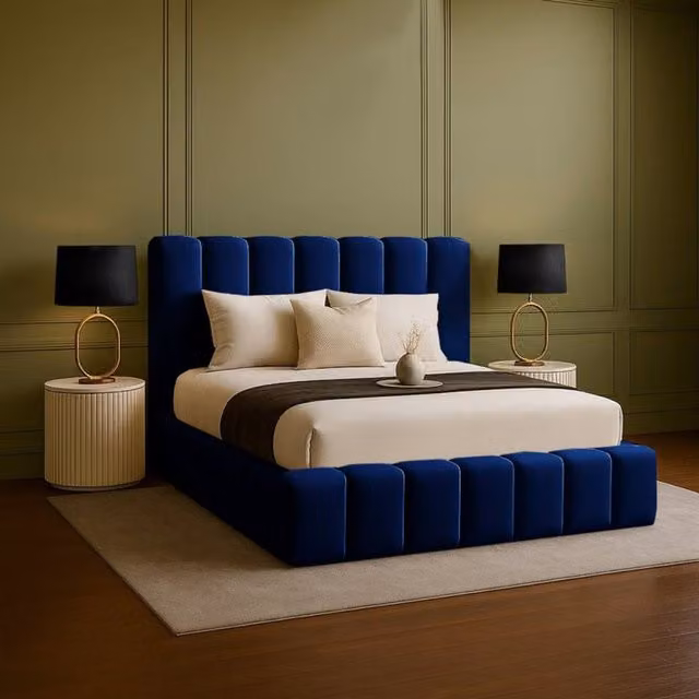 Desire Deco Daisy Upholstered Plush Velvet Bed Frame in Blue