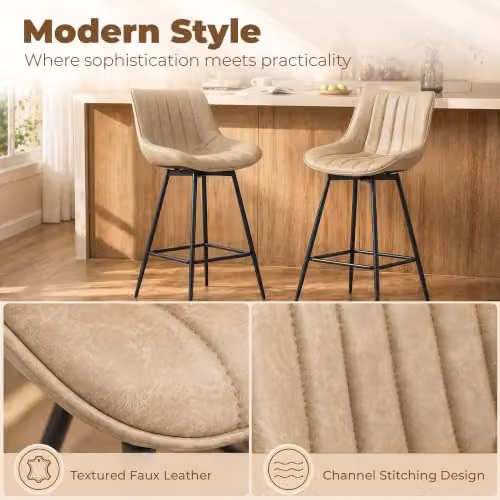HOMCOM Set of 2 Modern Swivel Bar Stools with Backrest in Brown Synthetic Leather – 3