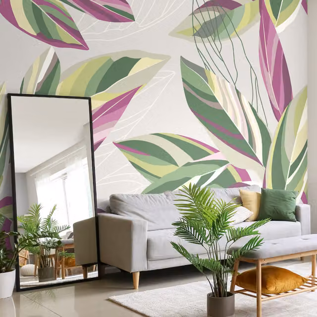 Origin Murals Botanical Calathea Leaves Floral Wall Mural in Grey and Multicolour